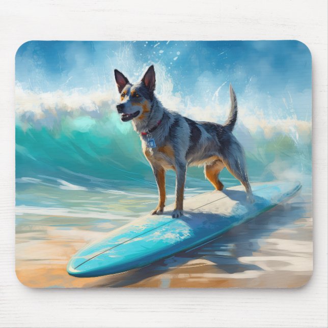 Blue Heeler Beach Surfing Painting  Mouse Pad (Front)