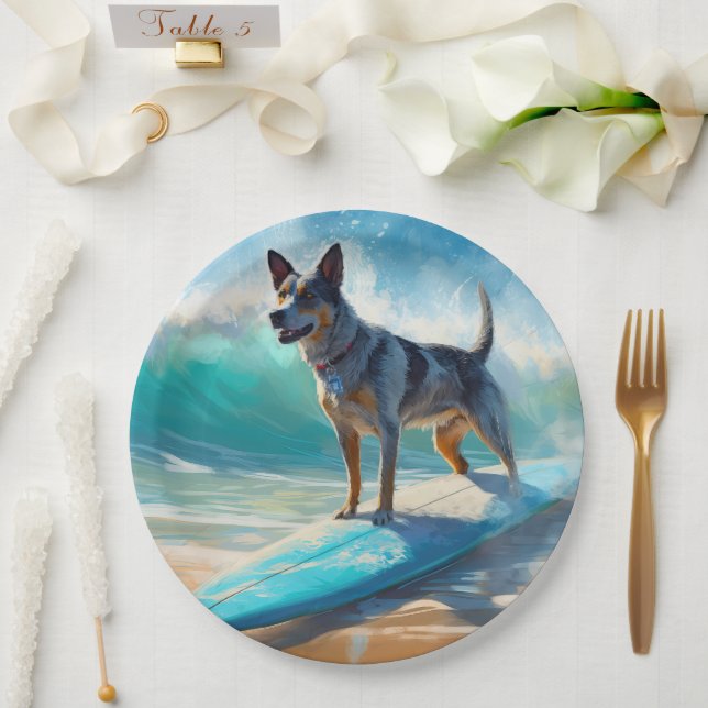 Blue Heeler Beach Surfing Painting  Paper Plate (Wedding)