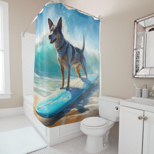 Blue Heeler Beach Surfing Painting  Shower Curtain (In Situ)