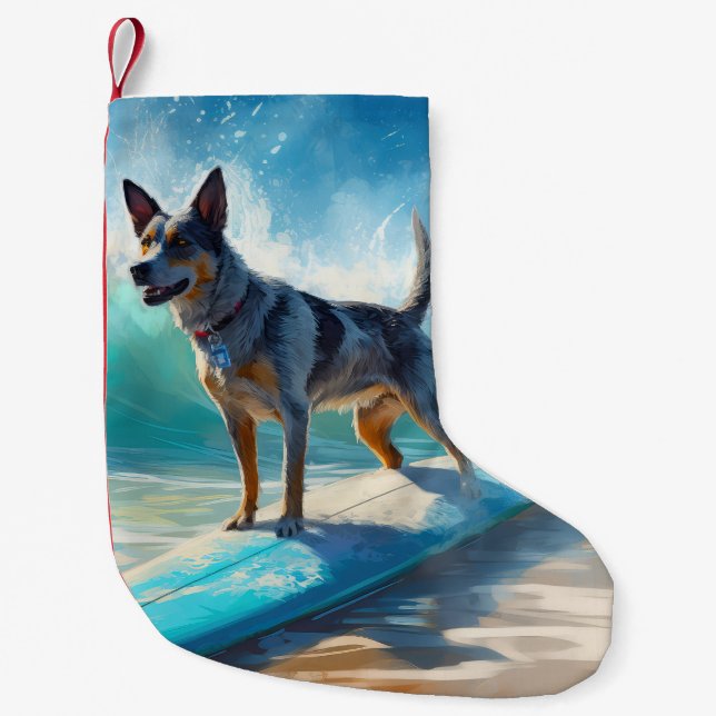 Blue Heeler Beach Surfing Painting  Small Christmas Stocking (Front)