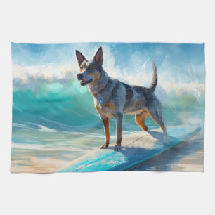 Blue Heeler Beach Surfing Painting Tea Towel