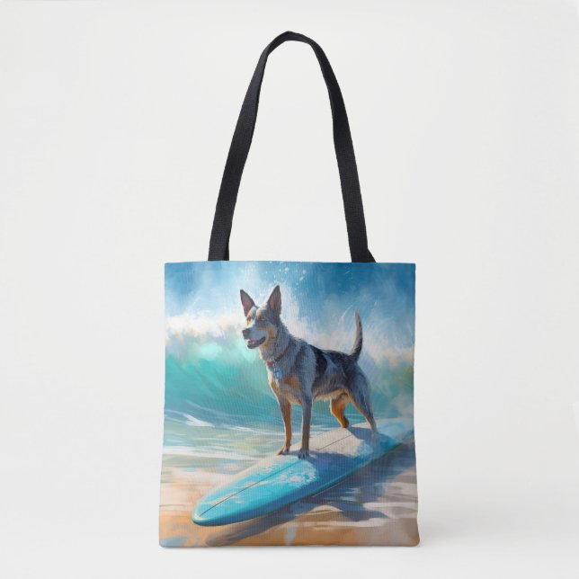 Blue Heeler Beach Surfing Painting  Tote Bag (Front)