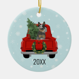 Blue Heeler Cattle Dog Red Truck Christmas Ceramic Ornament