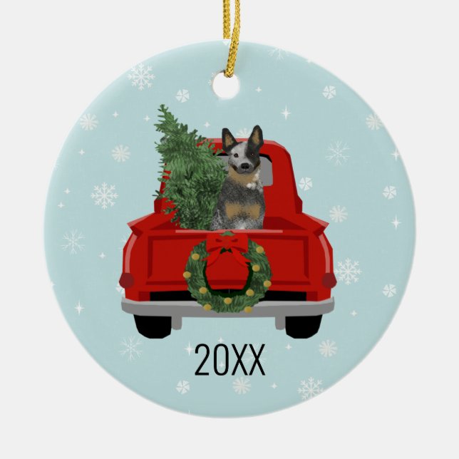 Blue Heeler Cattle Dog Red Truck Christmas Ceramic Ornament (Front)