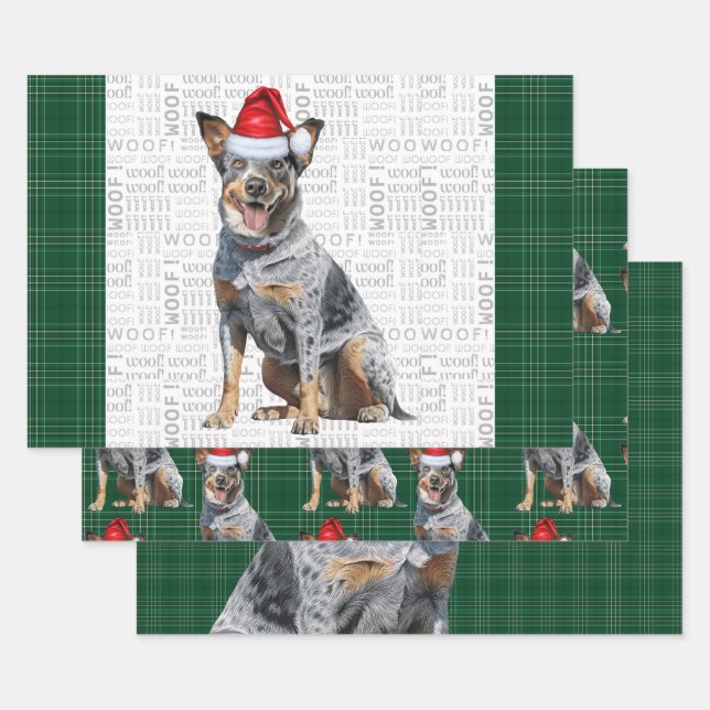 Blue Heeler Christmas Dog Green Plaid Wrapping Paper Sheet (Set)
