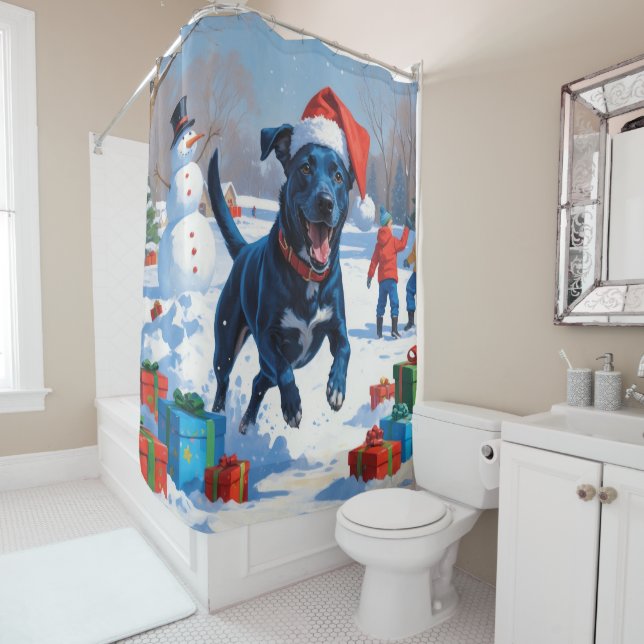 Blue Heeler Christmas Festive Snow Scene Shower Curtain (In Situ)