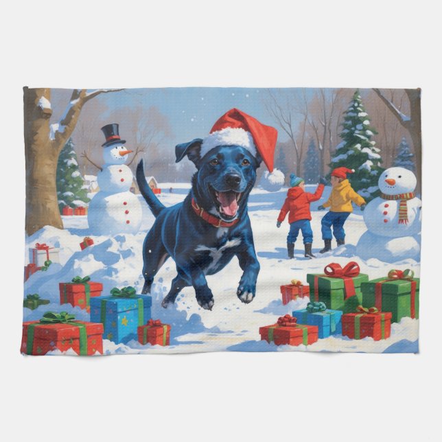 Blue Heeler Christmas Festive Snow Scene Tea Towel (Horizontal)