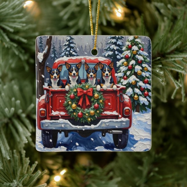 Blue Heeler Christmas Red Truck Holiday Ceramic Ornament (Tree)