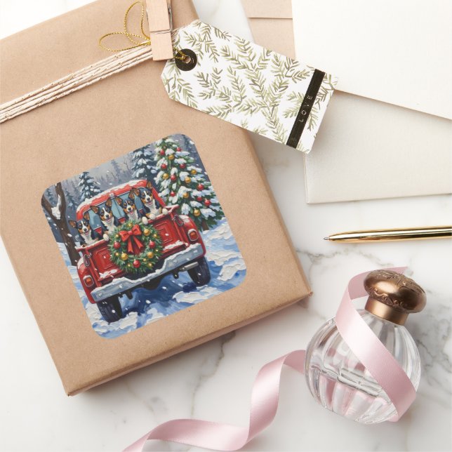 Blue Heeler Christmas Red Truck Holiday Square Sticker (Gifting)