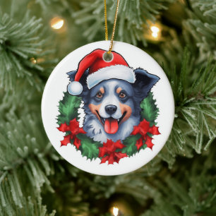 Blue Heeler Christmas Wreath Ceramic Ornament