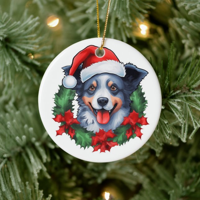 Blue Heeler Christmas Wreath Ceramic Ornament (Tree)