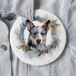 Blue Heeler Christmas Wreath Festive Pup 6 Cm Round Badge