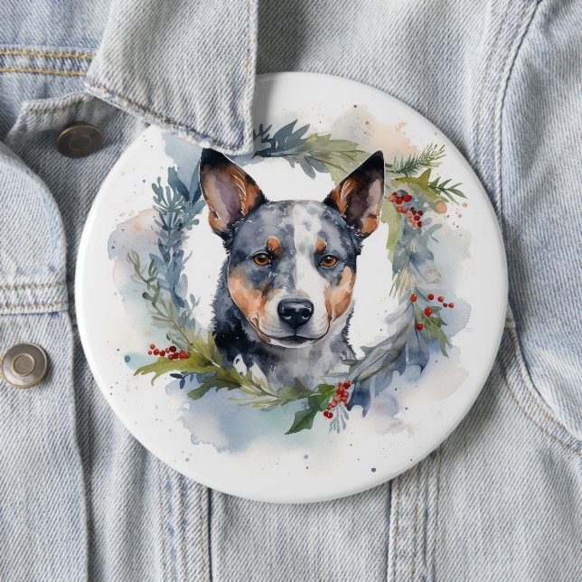Blue Heeler Christmas Wreath Festive Pup 6 Cm Round Badge (In Situ)