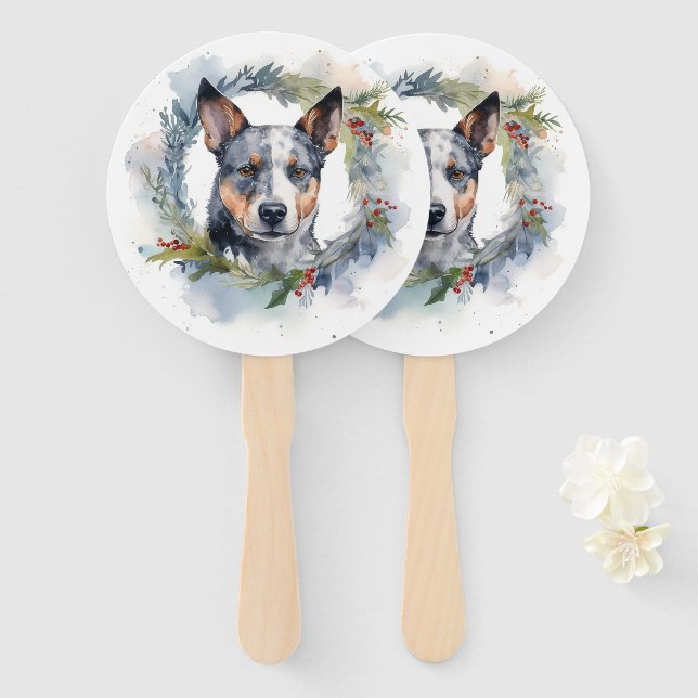 Blue Heeler Christmas Wreath Festive Pup Hand Fan (Front and Back)
