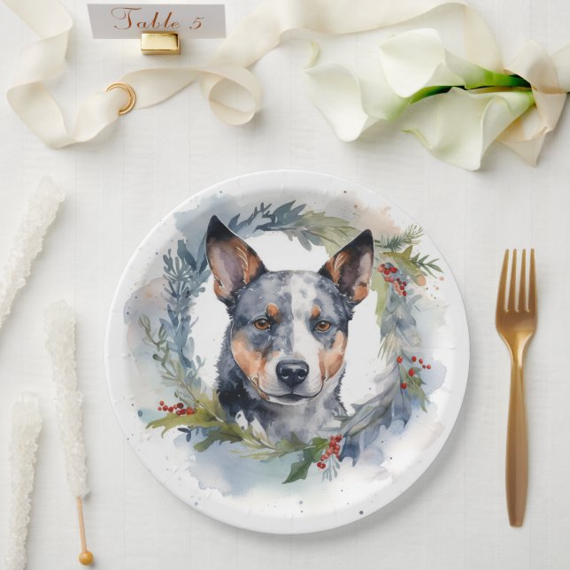 Blue Heeler Christmas Wreath Festive Pup Paper Plate (Wedding)