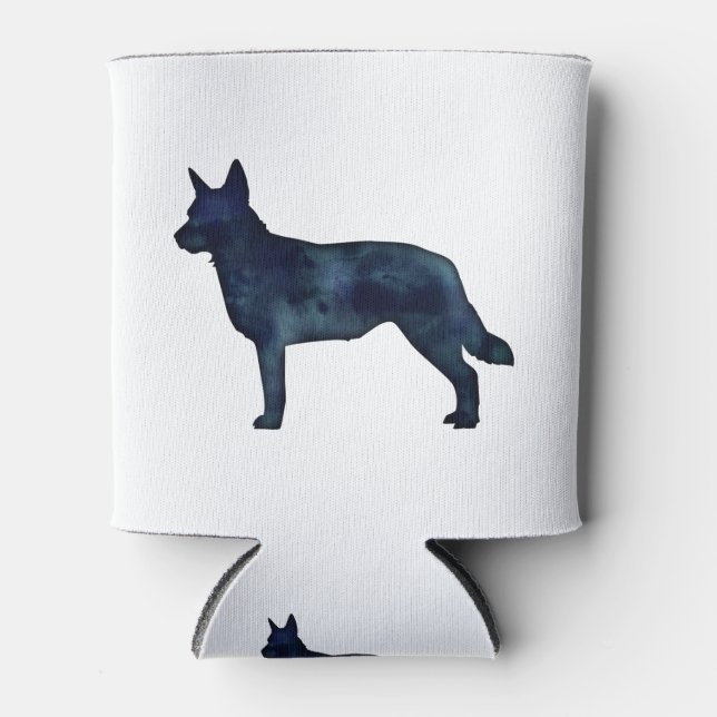Blue Heeler Dog Breed Silhouette Black Watercolor Can Cooler (Front)