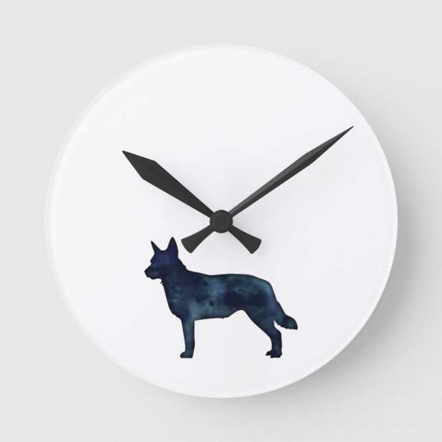 Blue Heeler Dog Breed Silhouette Black Watercolor Round Clock (Front)