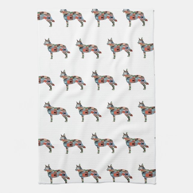Blue Heeler Dog Breed Silhouette Geo Plaid Tea Towel (Vertical)