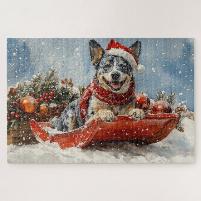 Blue Heeler Dog in Sledge Let it Snow Christmas Jigsaw Puzzle (Horizontal)
