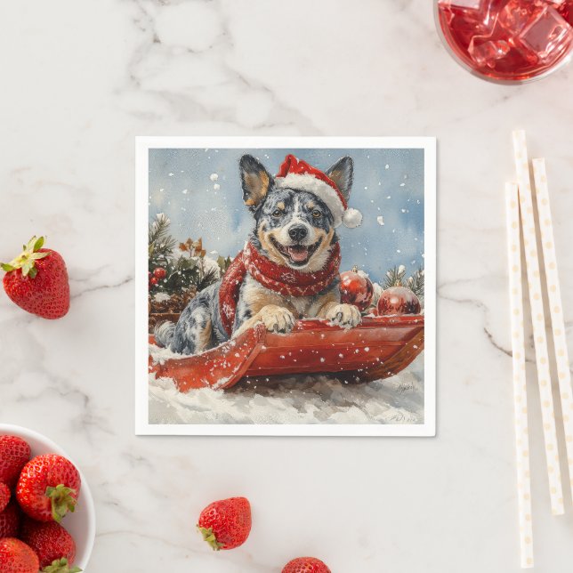 Blue Heeler Dog in Sledge Let it Snow Christmas Napkin (Insitu)
