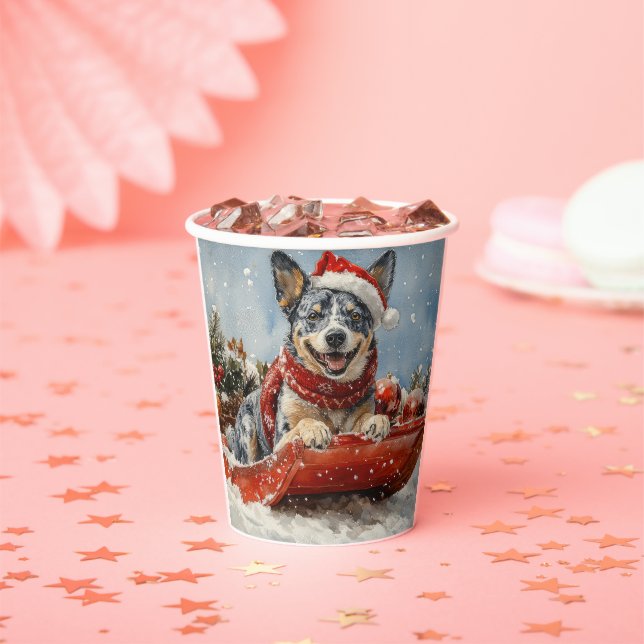 Blue Heeler Dog in Sledge Let it Snow Christmas Paper Cups (Insitu)