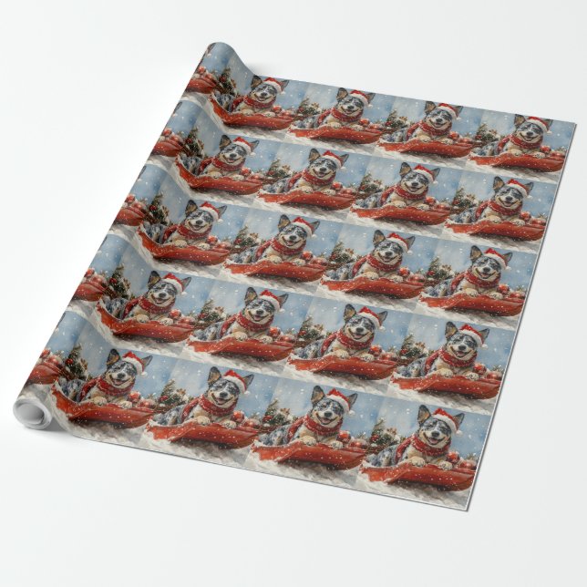Blue Heeler Dog in Sledge Let it Snow Christmas Wrapping Paper (Unrolled)