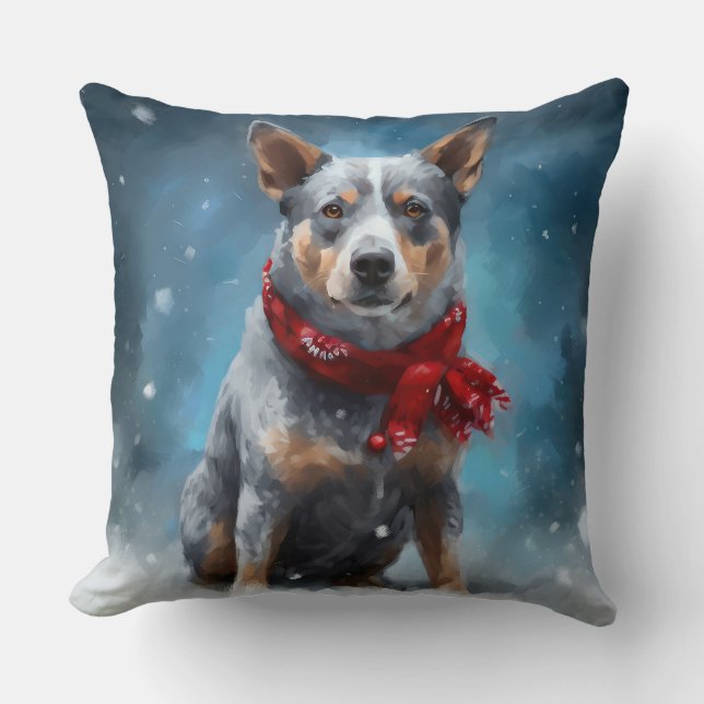 Blue Heeler Dog in Snow Christmas  Cushion (Front)