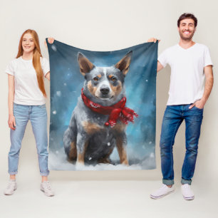 Blue Heeler Dog in Snow Christmas Fleece Blanket