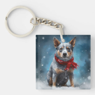 Blue Heeler Dog in Snow Christmas Key Ring