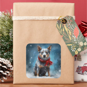 Blue Heeler Dog in Snow Christmas  Square Sticker