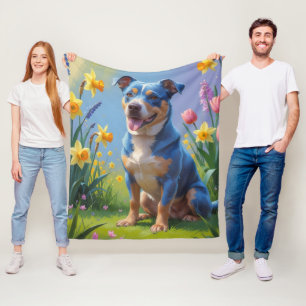 Blue Heeler Dog Spring Flowers Painting Fleece Blanket