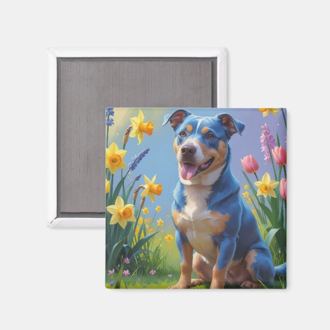 Blue Heeler Dog Spring Flowers Painting  Magnet (Front/Back)