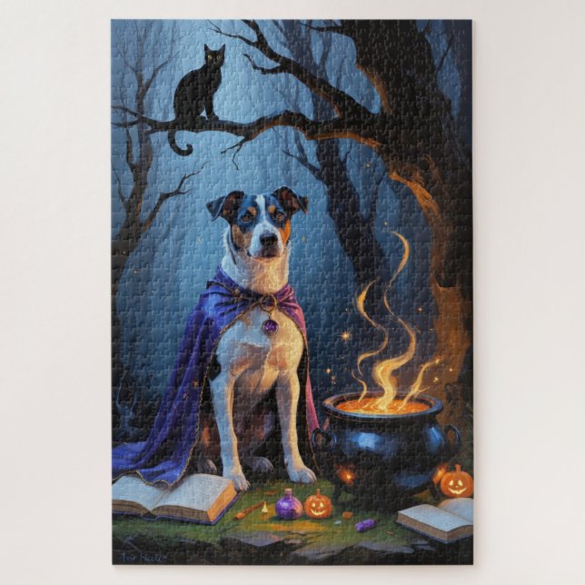 Blue Heeler Dog Whimsical Halloween Painting Jigsaw Puzzle (Vertical)