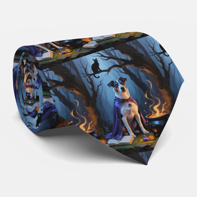 Blue Heeler Dog Whimsical Halloween Painting Tie (Rolled)