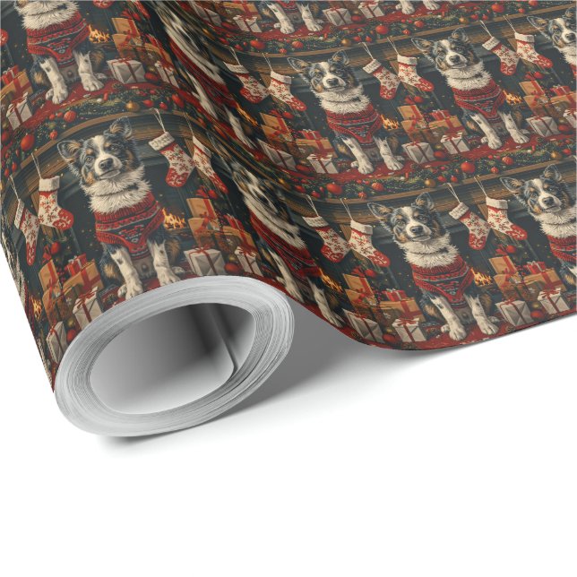 Blue Heeler Dog with Christmas Gifts Fireplace Wrapping Paper (Roll Corner)