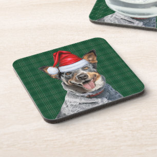 Blue Heeler Dog with Green Holiday Plaid Christmas Coaster
