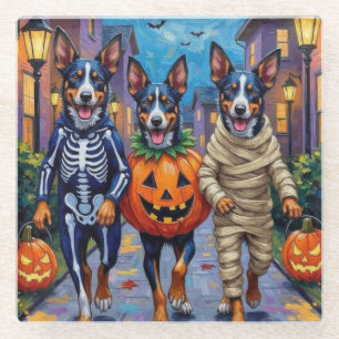 Blue Heeler Dogs Trick-or-Treating in Halloween Co Glass Coaster