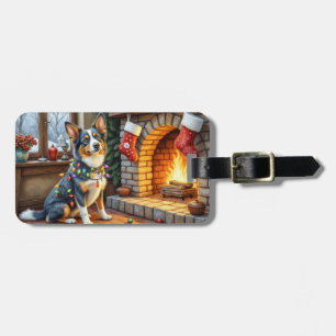Blue Heeler Fireplace with Christmas Lights Luggage Tag