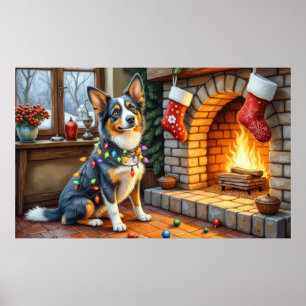 Blue Heeler Fireplace with Christmas Lights Poster