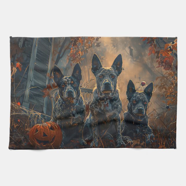 Blue Heeler Halloween Night Doggy Delight Tea Towel (Horizontal)