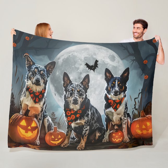 Blue Heeler Halloween Spooky Fleece Blanket (In Situ)