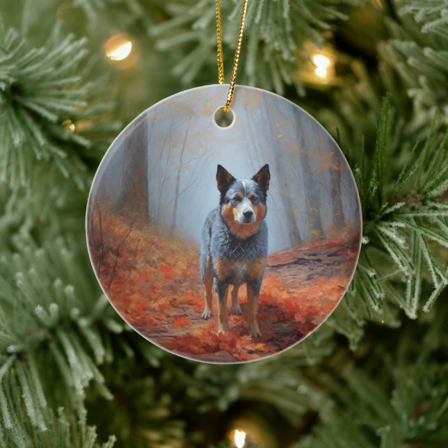 Blue Heeler in Autumn Leaves Fall Inspire Ceramic Ornament (Tree)