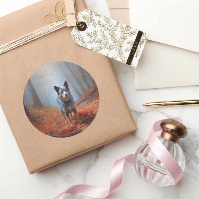 Blue Heeler in Autumn Leaves Fall Inspire Classic Round Sticker (Gifting)