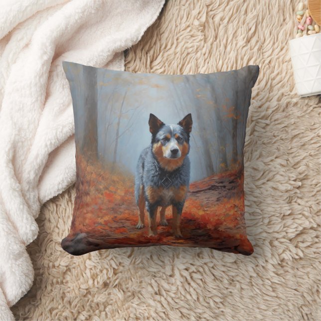 Blue Heeler in Autumn Leaves Fall Inspire Cushion (Blanket)