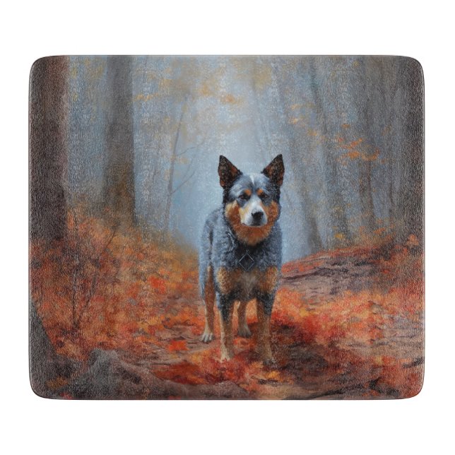 Blue Heeler in Autumn Leaves Fall Inspire Cutting Board (Front)
