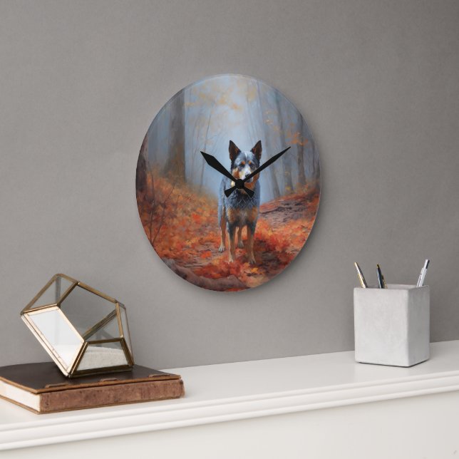 Blue Heeler in Autumn Leaves Fall Inspire Large Clock (Office)