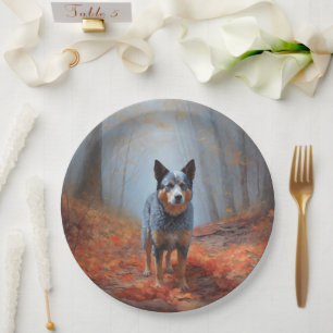 Blue Heeler in Autumn Leaves Fall Inspire Paper Plate