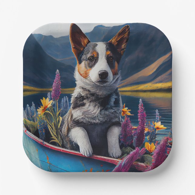 Blue Heeler on a Paddle: A Scenic Adventure Paper Plate (Front)