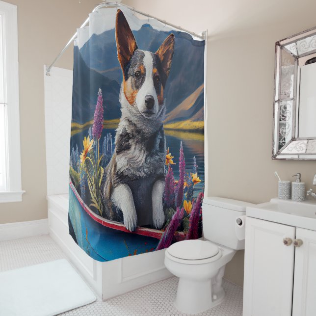 Blue Heeler on a Paddle: A Scenic Adventure Shower Curtain (In Situ)