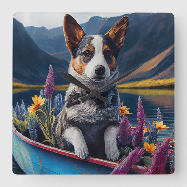 Blue Heeler on a Paddle: A Scenic Adventure Square Wall Clock (Front)